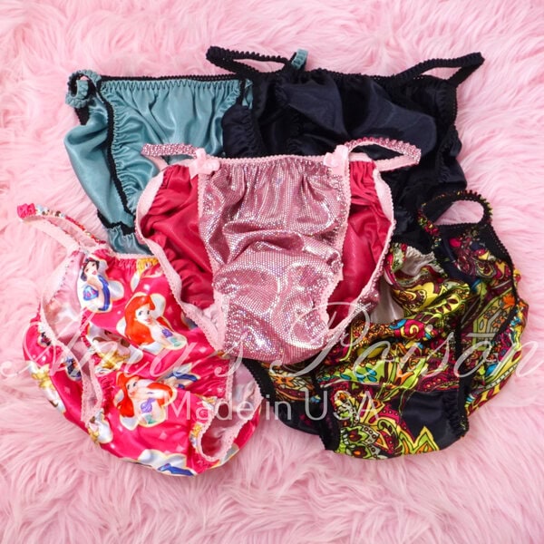 Ania's Sissy string bikini 5 Piece Lot Satin Foil Lace Princess shiny wetlook men's panties sz S