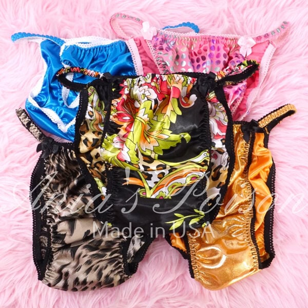 Ania's Sissy string bikini 5 Piece Lot Satin Foil Animal Print shiny wetlook men's panties sz S