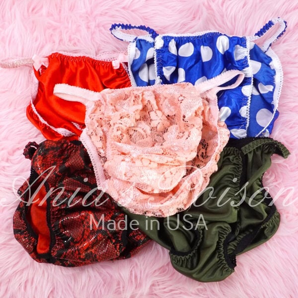 Ania's Sissy string bikini 5 Piece Lot Satin Foil Lace shiny wetlook men's panties sz S