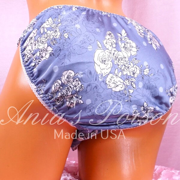 Ania's Sissy Satin string bikini Blue Floral Polka dot Silky Soft shiny men's panties sz XXL - Image 2