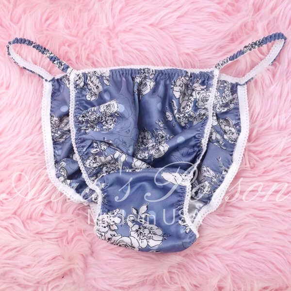 Ania's Sissy Satin string bikini Blue Floral Polka dot Silky Soft shiny men's panties sz XXL