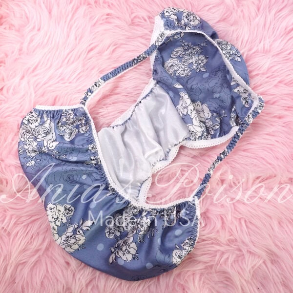 Ania's Sissy Satin string bikini Blue Floral Polka dot Silky Soft shiny men's panties sz XXL - Image 4