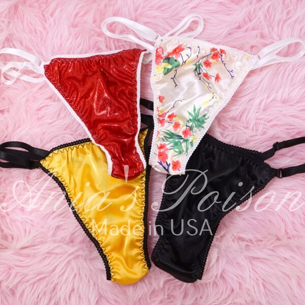 Ania's Sissy Ladies triangle Thong 4 Piece LOT Satin Foil Spandex shiny adjustable sides women's panties sz Reg