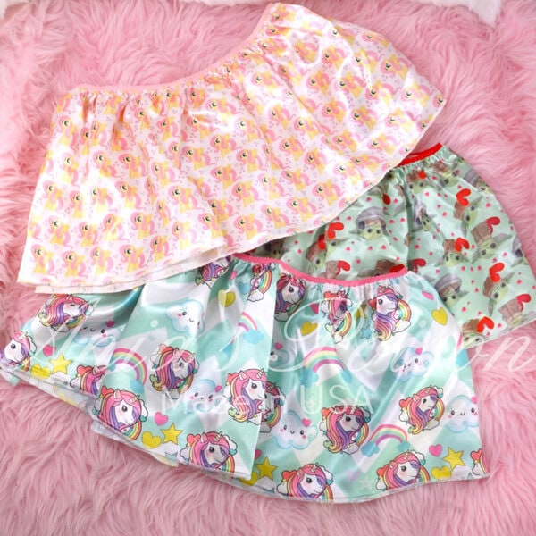 Ania's Sissy SATIN Mini Skirts 3 Piece LOT Ponies Unicorns Baby Aliens Shiny One Size mini skirt