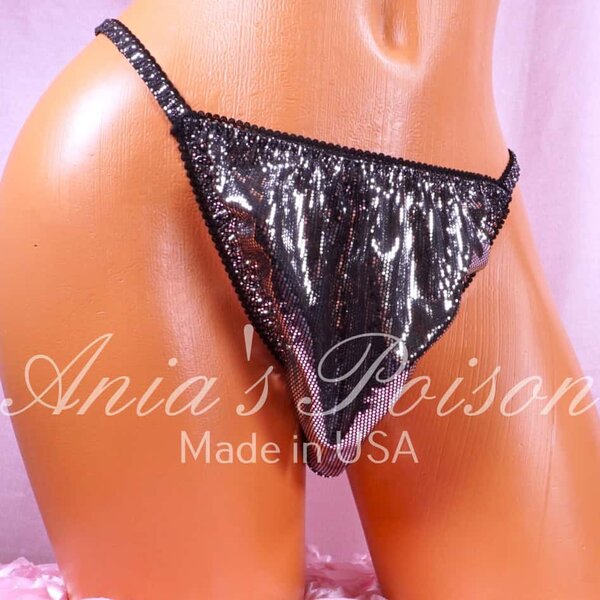 Ania's Sissy Super Sparkle string bikini Silver shiny Metallic wetlook men's panties sz L