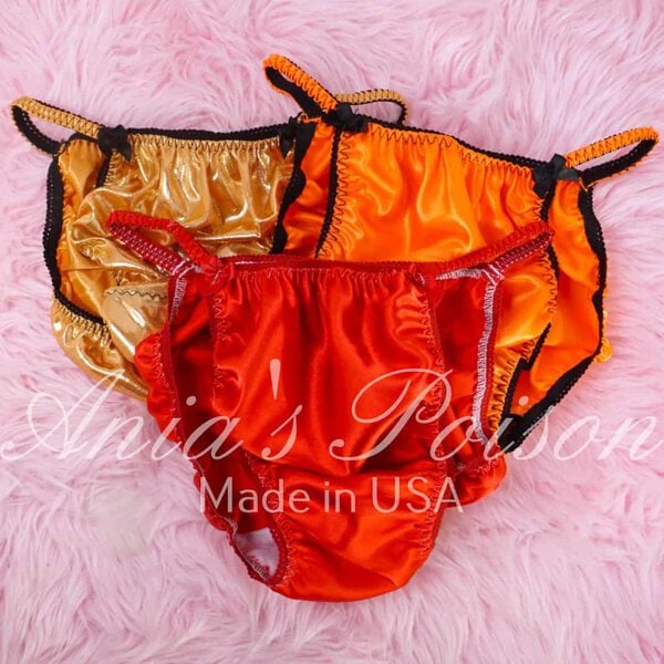 Ania's Sissy Satin Foil string bikini 3 Piece LOT Orange and Red shiny men's panties sz M
