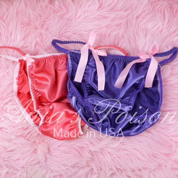 Ania's Sissy Satin string bikini 2 Piece LOT Purple and Pink shiny men's panties sz XL