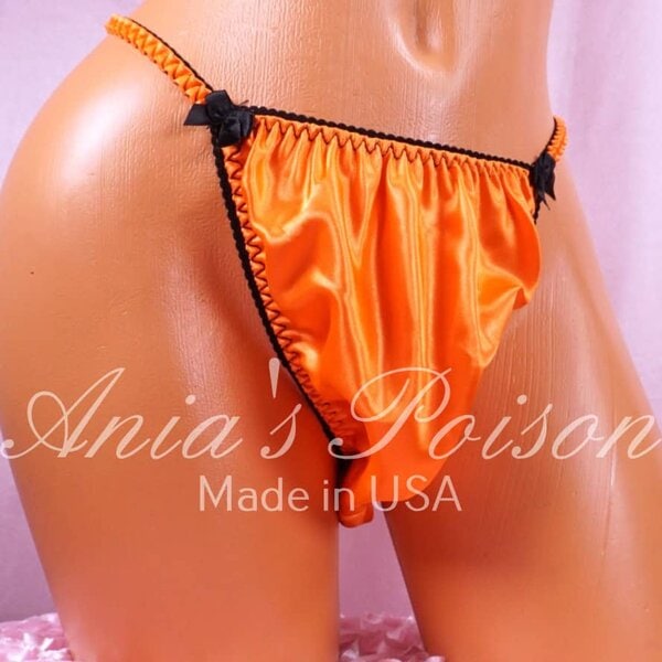 Ania's Sissy Satin Foil string bikini 3 Piece LOT Orange and Red shiny men's panties sz M - Image 4