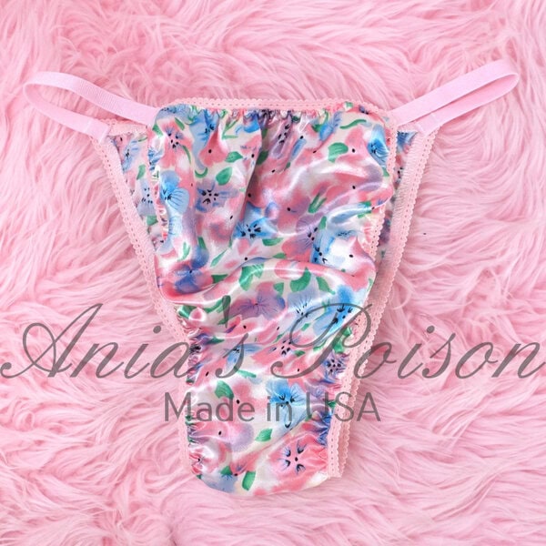 Ania's Sissy Satin Brazilian string Bikini Men's Pink Blue Floral Cafe Cut Cheeky panties sz S/M - Image 2