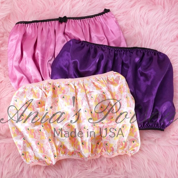 Ania's Sissy SATIN Bandeau Bras 3 Piece LOT Ponies Purple Pink Shiny One Size Bra