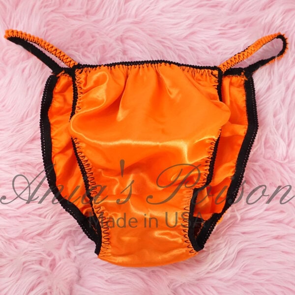 Ania's Sissy Satin string bikini Stiff Orange Glitter Jack-o-lantern wetlook men's panties sz XXL - Image 3