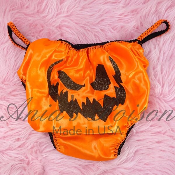 Ania's Sissy Satin string bikini Stiff Orange Glitter Jack-o-lantern wetlook men's panties sz XXL - Image 4