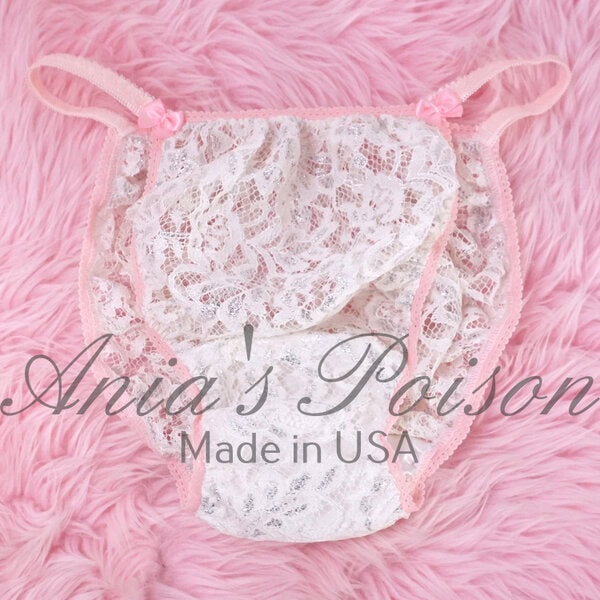 Ania's Sissy All Lace string bikini White Silver Metallic shiny men's panties sz M - Image 3