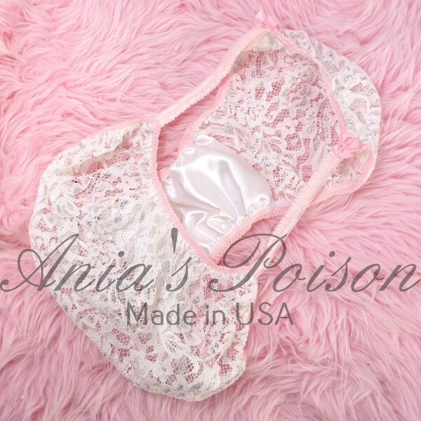 Ania's Sissy All Lace string bikini White Silver Metallic shiny men's panties sz M - Image 4