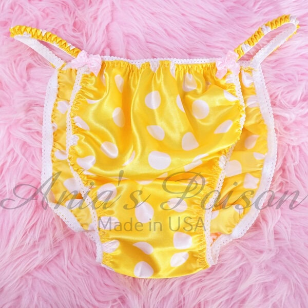Ania's Sissy Satin string bikini 2 Piece LOT Yellow Polka Dot and Orange Foil shiny men's panties sz M - Image 5