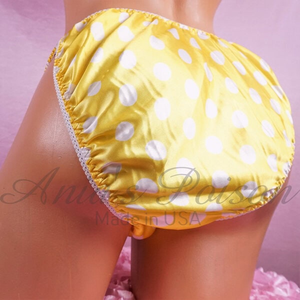 Ania's Sissy Satin string bikini 2 Piece LOT Yellow Polka Dot and Orange Foil shiny men's panties sz M - Image 6