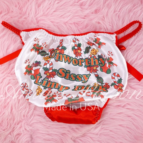 Ania's Sissy white Satin string Bikini Christmas Humiliation Text print shiny wetlook men's panties sz XXL - Image 5