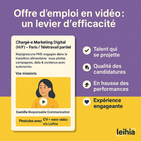Infographie Leihia présentant une offre d’emploi en vidéo, avec un exemple d’annonce pour un poste de Chargé·e Marketing Digital et les bénéfices du recrutement vidéo.