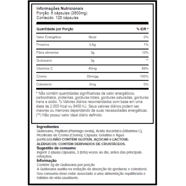 Quitosana Psyllium vitamina C Cromo  120 CAPs – Suplemento