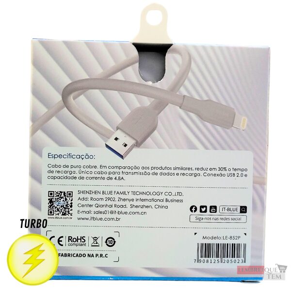 Cabo USB Lightning iPhone 4.8A 1,2m Comprimento – Cabo Resistente
