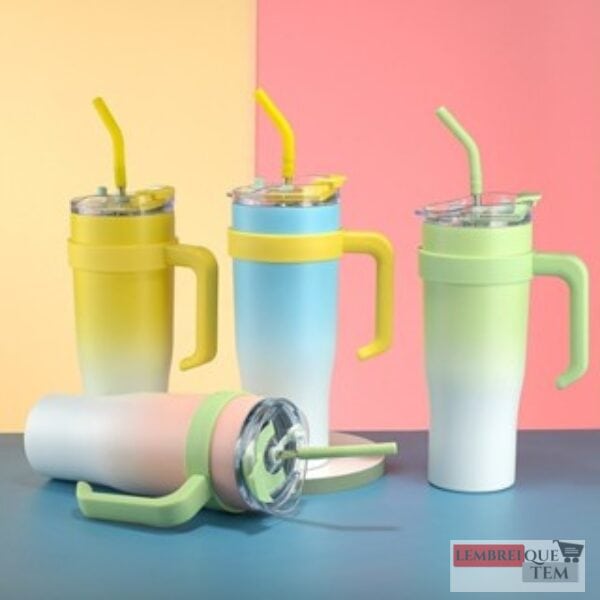 Copo Térmico 1200ml com Canudo e Alça Grande Capacidade Antivazamento Portátil –  Azul e Branco