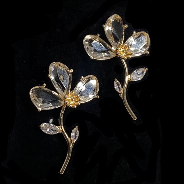 gold clear crystal flower earrings