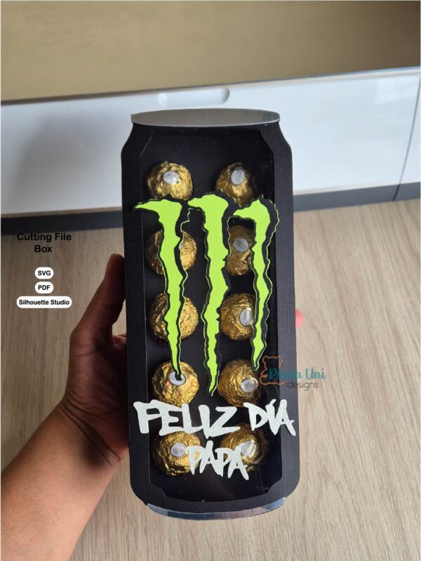 Archivo digital para recortar y armar caja en forma de Monter bebida con soporte de chocolates