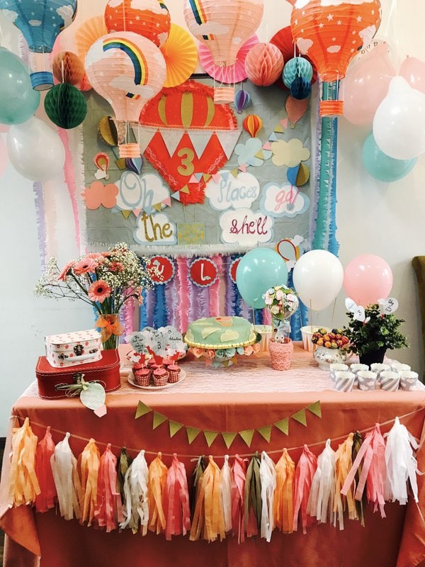 hot air balloon themed party including cake, cupcakes etc
