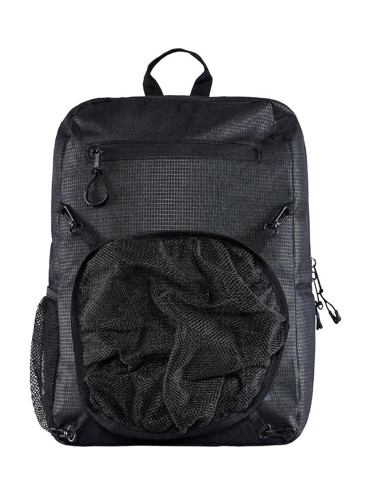 Versatile backpack with durable polyester outer and reinforced PU-coated inner. Comes with ball net in mesh