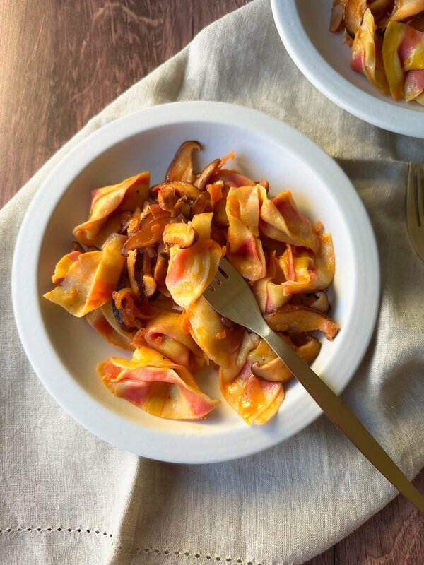 Striped sorpresine pasta- Little Surprises and Mushroom Sauce in a plate