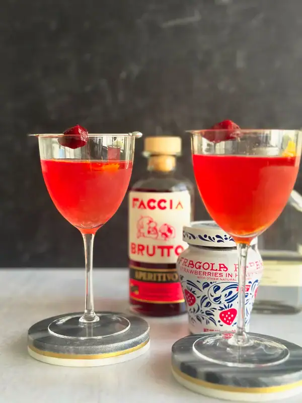 Fragola Amara Tardivo_Late Strawberry Amaro cocktails in nick and nora glasses