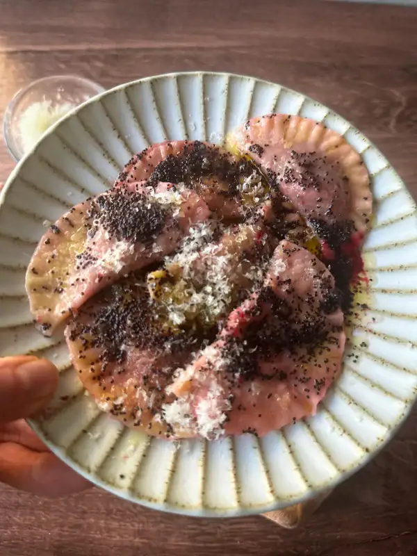 Casunzei in a white rimmed plate