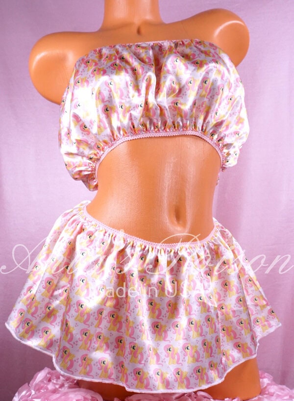 Ania's Sissy SATIN Mini Skirts and Bandeau Bra 2 Piece SET Ponies Shiny One Size Lingerie