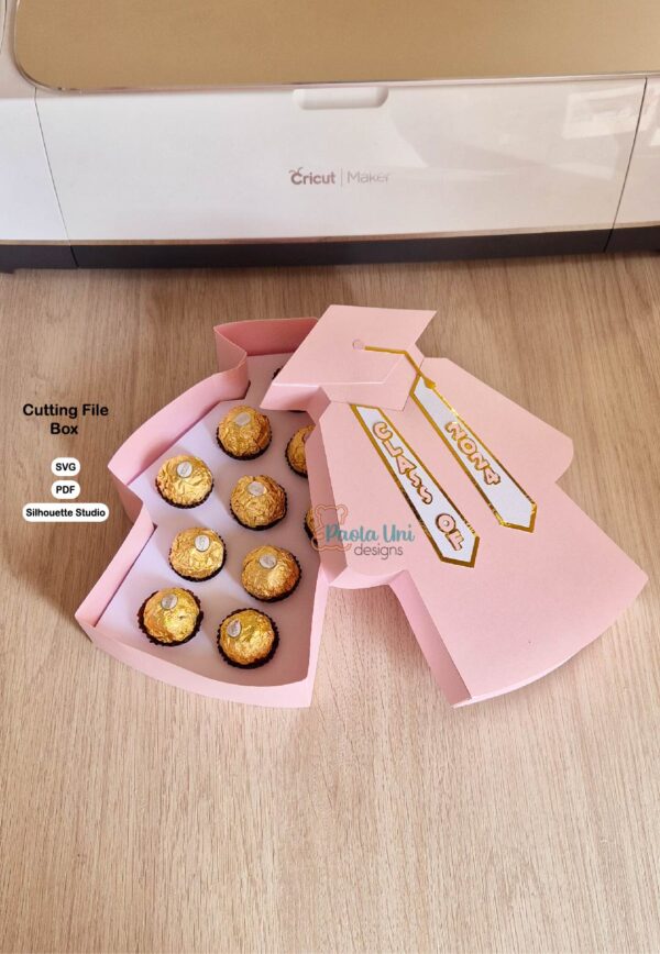 Archivo para recortar y armar caja en forma de traje de graduacion, toga con soporte de chocolate