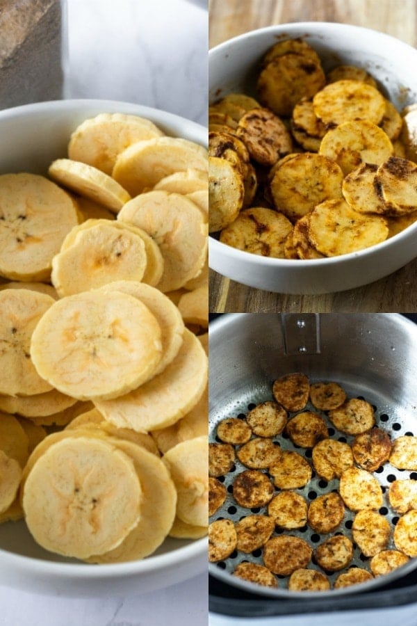 air-fryer plantain chips, steps, from slices, seasoned slices to baked chipe