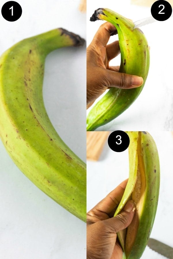 Step by step guide how to peel plantain for jerk plantain chips