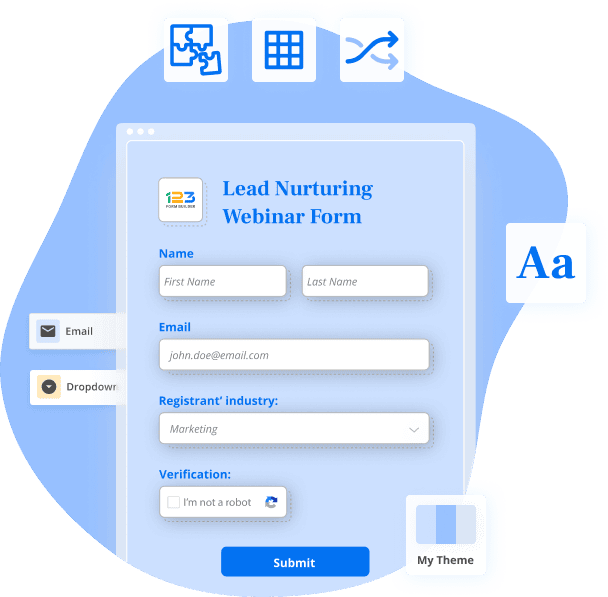 Image showing a lead nurturing webinar form with multiple features like form theme customization, form integrations, data reports and dynamic forms.