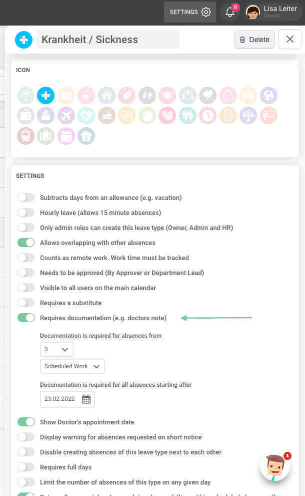 The image shows the settings for the "Sickness" absence type, where the documentation requirement is activated.