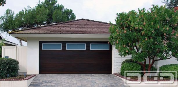 solid mahogany garage door with horizontal planks in a mid-century design