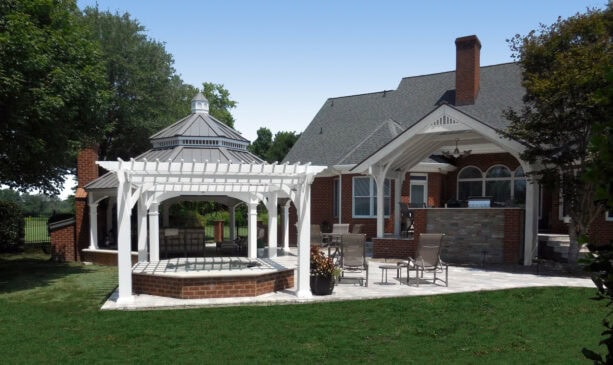 octagonal gazebo with a cathedral roof on a deck