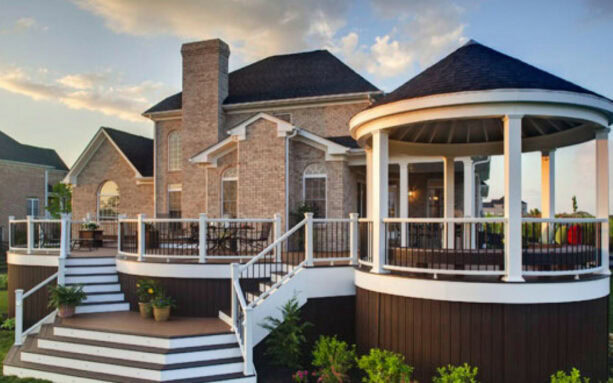 rounded gazebo placed on a multiple leveled deck