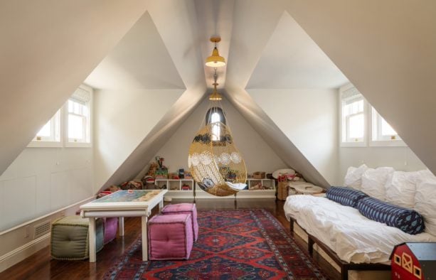 attic bedroom and playroom remodel with slanted walls open to windows