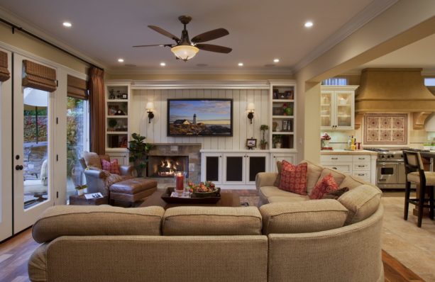 asymmetrical entertainment wall unit with slate fireplace