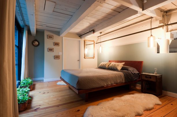 industrial style wood ceiling panels with exposed beams