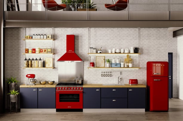 a stunning black eclectic kitchen with a set of stunning red Smeg appliances