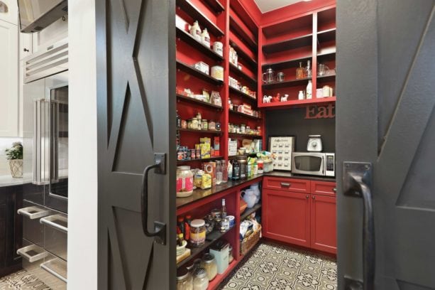 farmhouse-style kitchen pantry with black and red theme