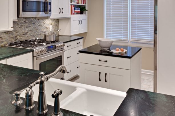 perfect example for classic kitchen for it has white shaker cabinets and wooden black countertops