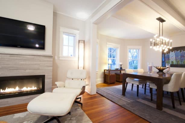 beige wall unit with travertine marble fireplace