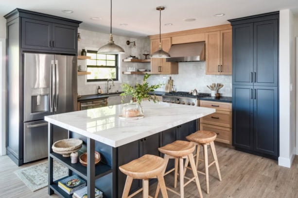 the combination of blue gray and natural stain white oak kitchen cabinets