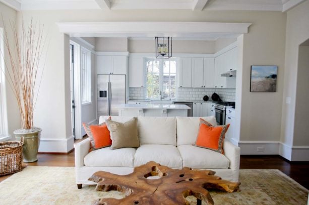 narrow l-shaped kitchen and off-white rustic living room combo